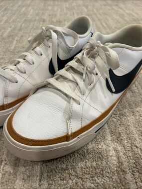 Nike Men's White Leather Sneakers SZ 11.5 with Black Swoosh & Brown Canvas Trim
